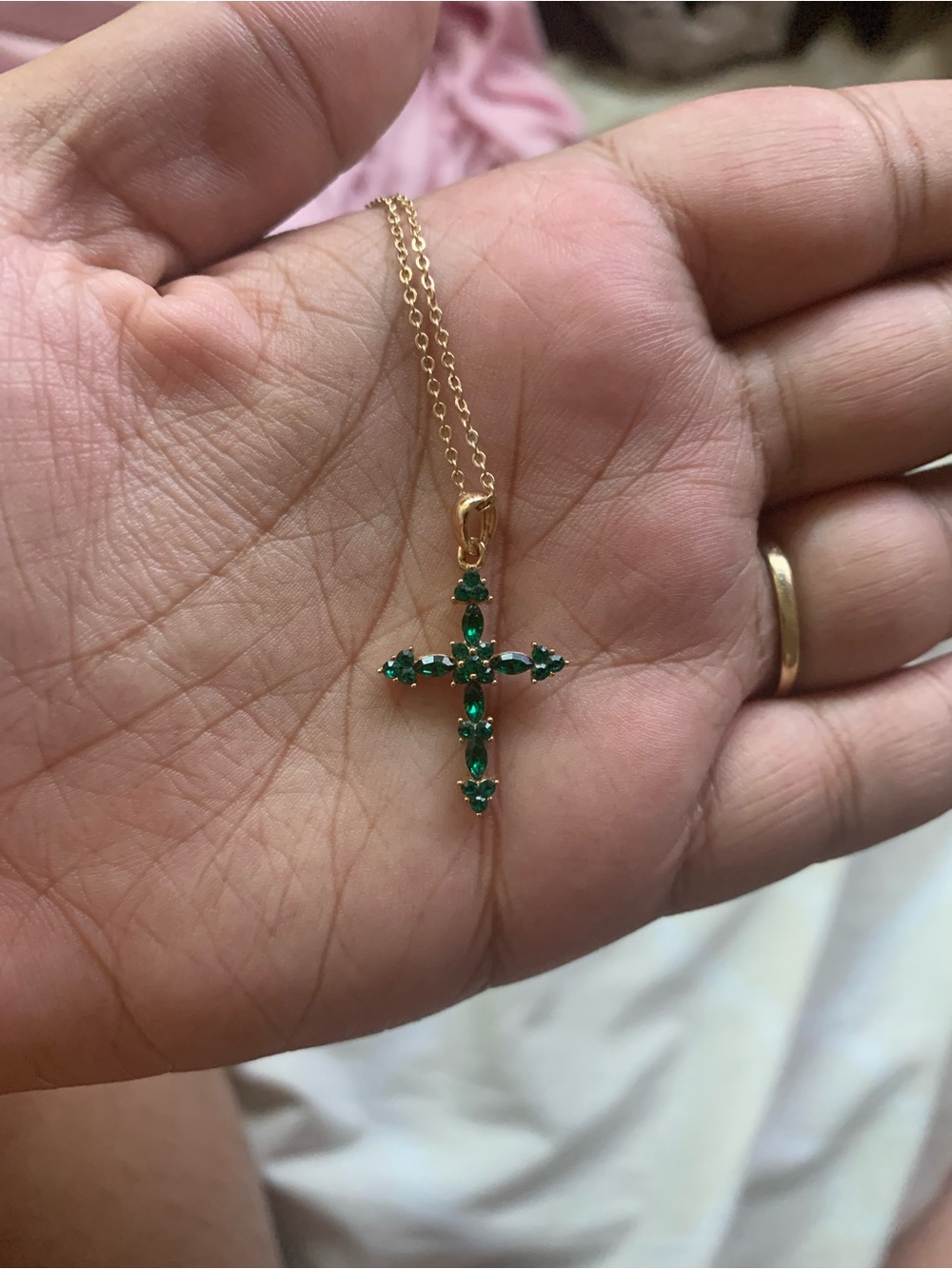 Gold Cross Pendant Necklace with Emerald Green Stones - Women Jewelry